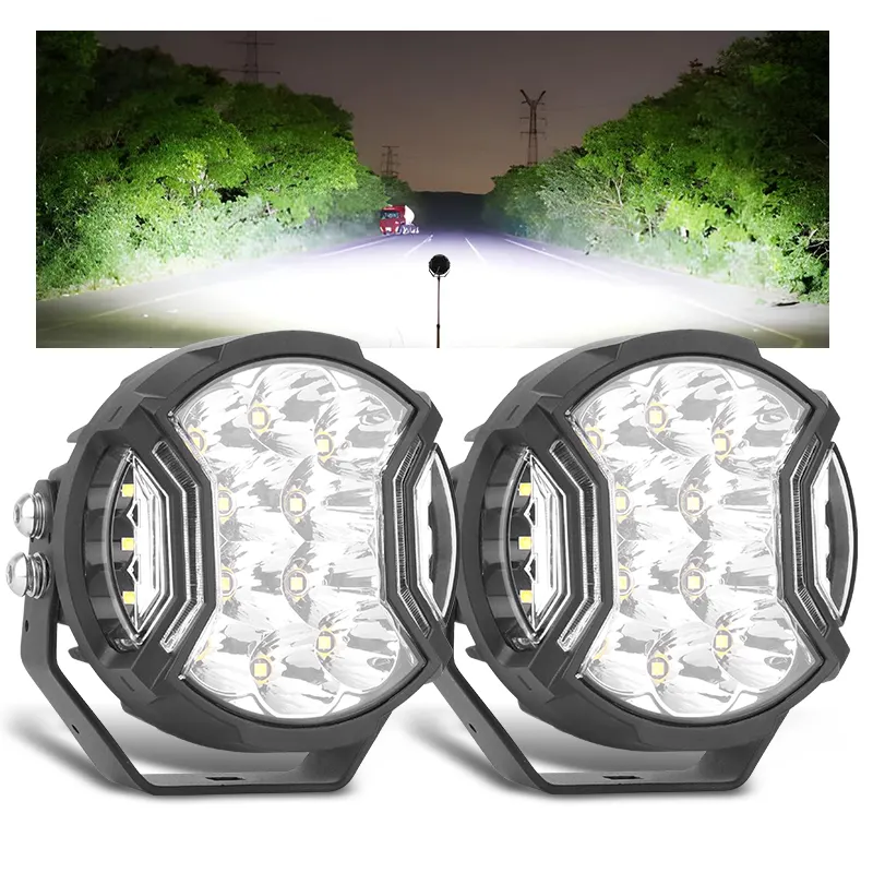 مصباح قيادة LED بعدسات دائرية بيضاء وكهرمانية بحجم 5 بوصات 6000 كلفن للسيارات الرياضية متعددة الأغراض UTV مصباح إضاءة مساعد 12 فولت و24 فولت مصباح LED للسيارة للعمل