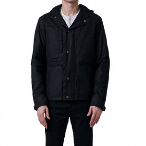 <b>Men's</b> <b>Black</b> Hooded Windproof Jacket <b>Long</b> Sleeve Casual Button Closure Solid Autumn <b>Coat</b> - Product Image 1