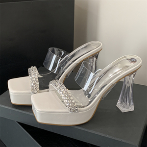 OEM/ODM Customized Women's <b>Square</b> Toe Transparent High-Heeled Sandals Breathable Platform Shoes Rhinestones Fashion Trend - Product Image 1