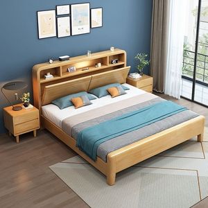 Solid Wood Double Bed 1.8m With Storage Box Modern Minimalist Design Bedroom Furniture USB Interface - Product Image 1