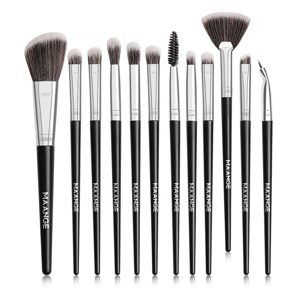 MAANGE 12PCS bling delicate new black silver plastic high quality concealer eyebrow eyeshadow fan makeup brush set