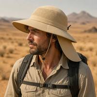 Sombrero de Sol de Popelina Caqui con Solapa para el Cuello UPF 50+ Impermeable de Ala Ancha con Malla Transpirable para Safari, Pesca, Senderismo, Venta al por Mayor, Logotipo Personalizado OEM