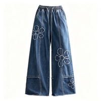 Jean floral pour femme taille basse, coupe large, ample, avec cordon de serrage, en denim tendance