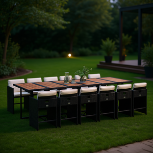 <b>Black</b> Rattan Patio Dining Garden Set Teak Wood <b>Top</b> Contemporary Outdoor Furniture 10+ Seating - Product Image 2