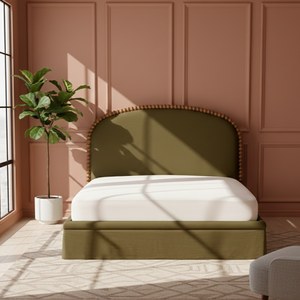 Lit superposé de luxe capitonné en tissu olive, réglable, taille Queen/King, confortable, avec garniture perlée, finition douce, pour chambre à coucher haut de gamme - Product Image 5