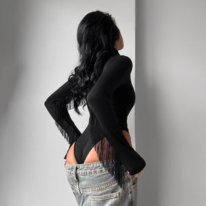 Mono de punto de manga larga con cuello alto y borlas, color sólido, ajuste ceñido, estilo casual deportivo y versátil. - Product Image 5