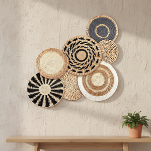 Décoration murale en <span class=keywords><strong>paille</strong></span> et rotin faite à la main <span class=keywords><strong>de</strong></span> style bohème INS, ensemble <span class=keywords><strong>de</strong></span> 7 dessous-<span class=keywords><strong>de</strong></span>-plat ronds en herbe faits à la main <span class=keywords><strong>de</strong></span> style bohème, luxe - Product Image 1
