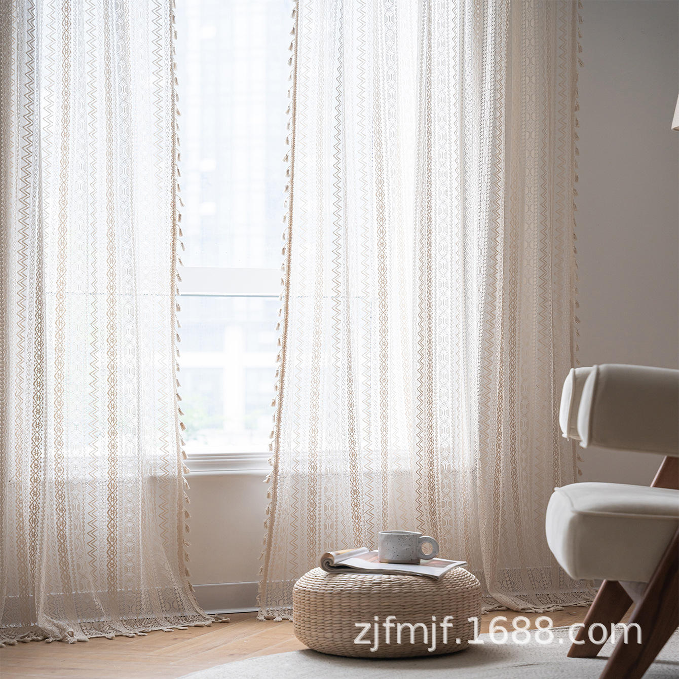 beige geometric wave rice tassel curtain