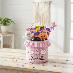 Panier-cadeau d'Halloween personnalisé, sac à bonbons d'Halloween à carreaux, motif à carreaux <span class=keywords><strong>orange</strong></span> et rose, panier-cadeau d'Halloween - Product Image 2