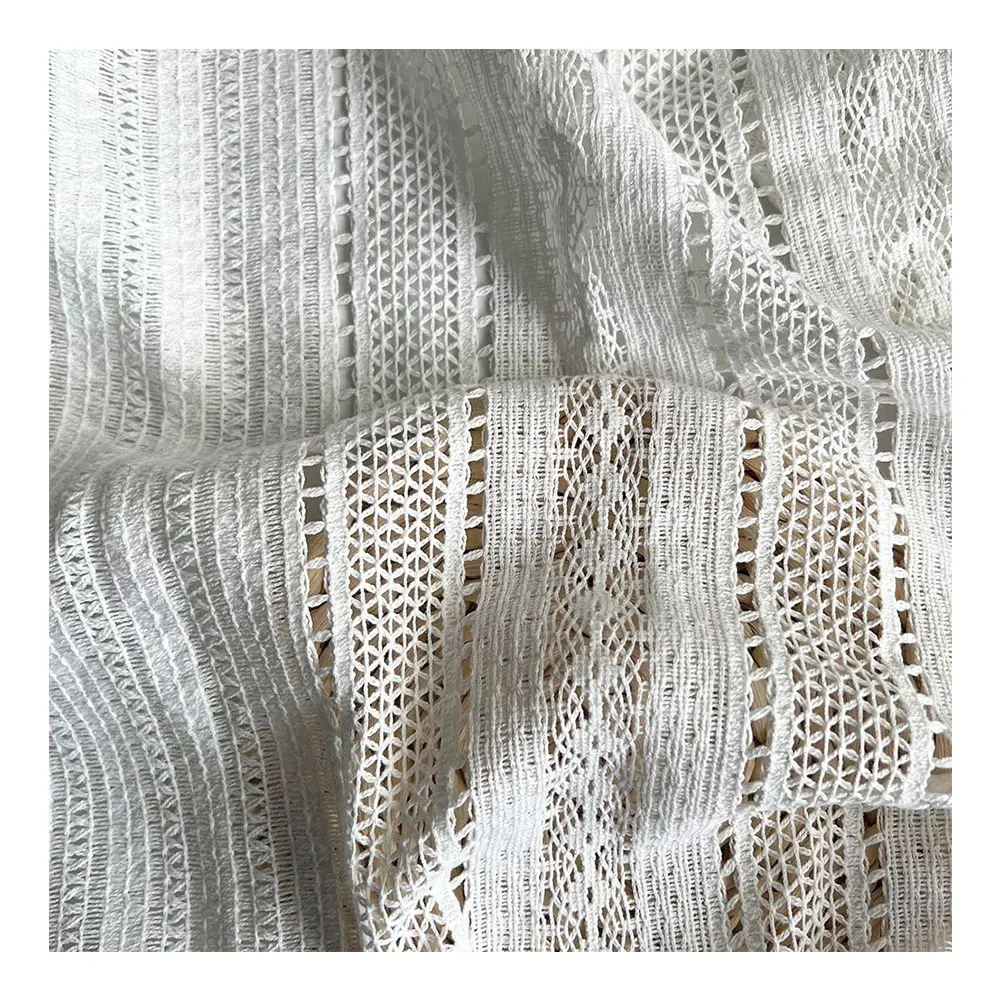 Fashionable pure white tricot crochet geometric wedding fabric knitted fabric grid lace 100% cotton eyelet embroidery fabric