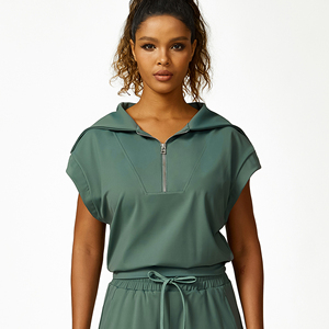 Maglietta sportiva con mezza cerniera maglia con collo a cappuccio finto cappuccio maniche a pipistrello t-shirt da donna con Design sportivo e Casual abbigliamento dall'aspetto sottile - Product Image 2