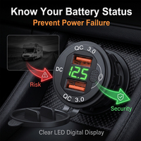 Cargador de encendedor de cigarrillos USB tipo C empotrable en pared con QC3.0 y doble USB de carga rápida con monitorización de voltaje para caravanas, autocaravanas y coches.