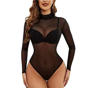 Venta al por mayor de las mujeres de manga larga transparente Sexy Sheer Mesh Bodycon See Through Teddy Bodysuit - Product Image 3