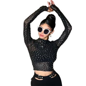 New Style Casual Eco-Friendly Fashion Sexy Sheer <strong>Mesh</strong> Frilled Neck Ladies Blouses and <strong>Tops</strong> Women <strong>Rhinestones</strong> - Product Image 1