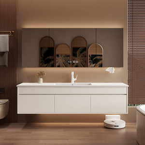 Mid ancient style rock slab seamless integrated basin intelligent <b>mirror</b> wall hanging bathroom cabinet - Product Image 2