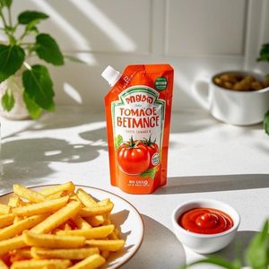 कस्टम मुद्रित स्टैंड अप पाउच फूड ग्रेड प्लास्टिक पारदर्शी तरल नोजल बैग केचप पैकेजिंग के लिए केचअप और टमाटर सॉस - Product Image 1