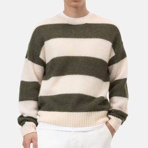 Suéter de punto afelpado con cuello redondo y rayas anchas para hombre, verde con bloques de color crema, tejido cepillado, ideal para invierno. - Product Image 1