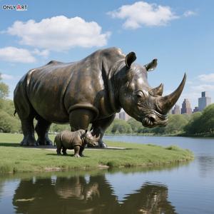 Decorazione pubblica su misura all'aperto del parco della città grande scultura animale di bronzo moderna della fusione a grandezza naturale del rinoceronte e dei cuccioli statua di bronzo - Product Image 6