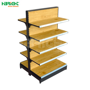 Étagère de présentation simple face en acier et bois Highbright pour supermarché, rayonnage gondole pour l'épicerie et le commerce de détail - Product Image 1