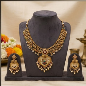 Conjunto Clásico de Collar y Aretes de Oro de 24K con Circonita y Perla de Agua Dulce, Diseño de Corazón, para Mujer, Joyería de Boda - Product Image 1