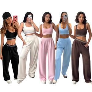 Yoga Sets Crop Top With Pad Wide Leg <b>Pants</b> Solid Color <b>Spandex</b> Full Length Scoop Neck Sleeveless For Workout And Leisure - Product Image 1