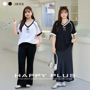 Happy Plus <b>Lace</b> Bow V-Neck Loose T-Shirt <b>Black</b> White Plus Size Women Jersey <b>Top</b> N9280 - Product Image 5