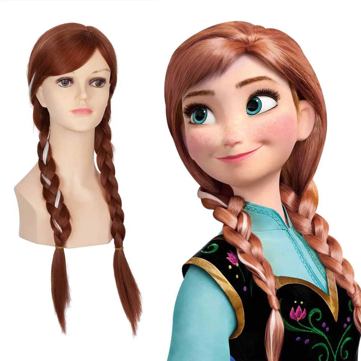 Longue tressée neige princesse Anna Cosplay perruque marron Double tresse perruques cheveux synthétiques perruques pour Halloween Costume Party