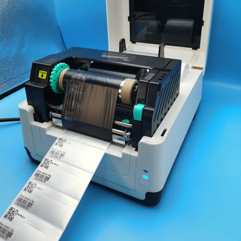 Imprimante à ruban 110mm imprimante d'étiquettes à transfert thermique de bureau USB/BT pour étiquettes de bijoux en argent/or/blanc impression d'étiquettes de bijoux