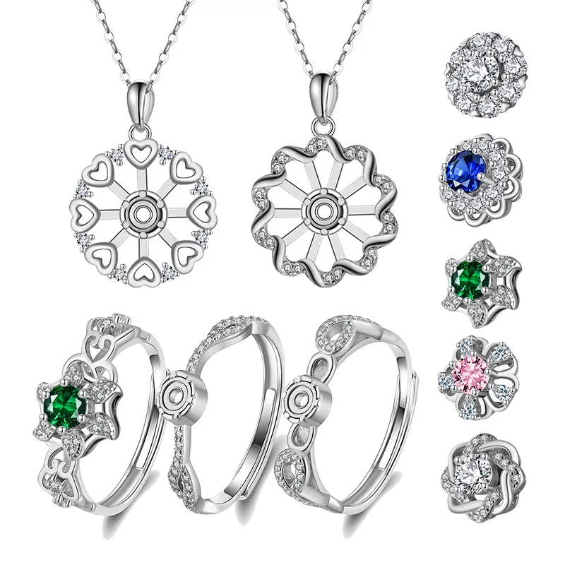 Ожерелье RINNTIN из чистого 925 стерлингового серебра, кольцо с цирконом 5А, набор украшений с вращающимся съемным драгоценным камнем, набор украшений для женщин