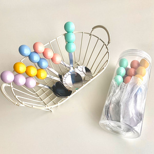 Cuchara creativa de acero inoxidable para dulces con cuentas coloridas para niños, juego de 3 piezas, cuerpo recto, utensilios de color sólido - Product Image 3