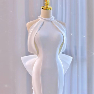 Halter <strong>Bridal</strong> Elegant White French Satin Draped Backless Wrap Waist Chapel Train Fishtail Wedding <strong>Dress</strong> - Product Image 2