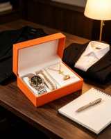 Ensemble de bijoux pour homme personnalisé, montre de luxe, bracelet à maillons cubains, collier avec croix, bague, 4 pièces, coffret cadeau d'affaires, pour lui, Noël