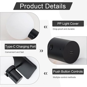 Applique murale noire 2700K, lampe de nuit portable à intensité variable, moderne, rechargeable, fonctionnant sur batterie USB, pour intérieur/extérieur, chambre à coucher - Product Image 5
