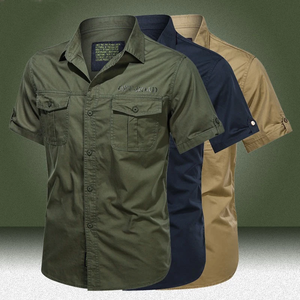 Camisa de Trabajo de Manga Corta para <span class=keywords><strong>Hombre</strong></span>, 100% Algodón, Antiarrugas, Transpirable, con Múltiples Bolsillos, Uniforme para Entrenamiento al Aire Libre - Product Image 1