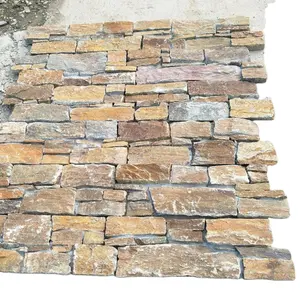 Doğal paslı kayrak işlenmiş taş çıkıntılı yığılmış duvar kaplama ince kaplama dekoratif Panel toptan peyzaj taşı