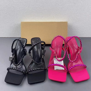 Women's French-style Casual <b>Backless</b> Sandals with Square Toe, Single Strap, Rhinestones and Cup Heels - Product Image 1