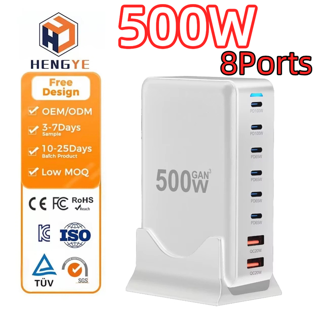 500w Gan 8 Ports Fast Charge Station 6 Usb-c and 2 Usb-a Hub Block Desktop Power Charger 100w 65w Pd Output Suitable for Tablet