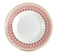 Service d'assiettes de luxe en porcelaine rose avec bord doré et motif géométrique triangulaire pour la décoration de table de mariage
