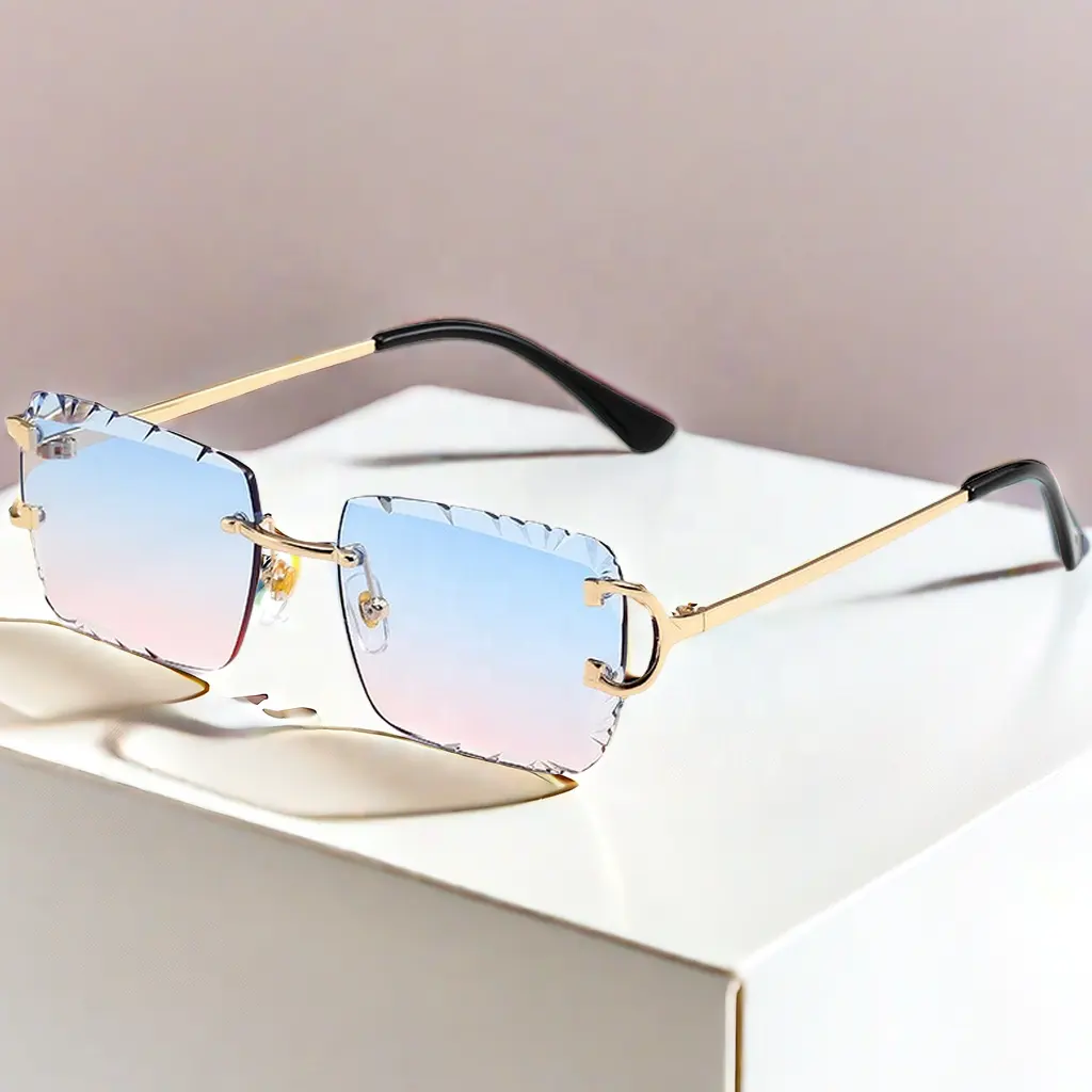 Thiết kế mới sang trọng thiết kế độc đáo kim loại không có vành kim cương cắt quá khổ Nylon lens Sunglasses Chất lượng cao UV400 biểu tượng tùy chỉnh kính