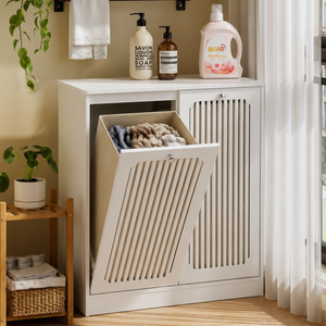 Armadio per lavanderia con ante a ribalta e ripiani a doghe, doppio scomparto per tessuti, per balcone e bagno - Product Image 6