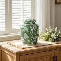 Pot à gingembre en céramique vert à motifs floraux avec couvercle, pot de rangement décoratif en porcelaine, décoration de table pour la maison, boîte de rangement pour le salon et la cuisine