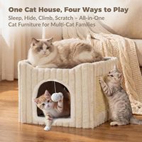Grande Niche de Luxe Solide pour Chat avec Griffoir, Boule Moelleuse, Maison Pliable pour Chat avec Coussin Lavable pour Petits Chats