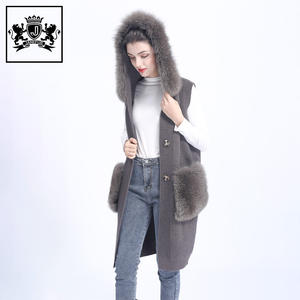 Janefur sans manches femmes filles <span class=keywords><strong>long</strong></span> <span class=keywords><strong>gilet</strong></span> cardigan en laine tricoté hiver gris grand col en fourrure de renard <span class=keywords><strong>gilet</strong></span> pull tricoté - Product Image 2