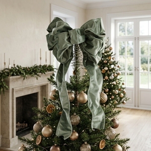 Sage Green Velvet Bow Christmas Tree Topper Multi-Loop Xmas Crown Elegant <b>Decoration</b> Holiday Home <b>Party</b> - Product Image 2