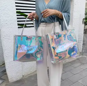 Low Minimum Luxury Factory Wholesale Order Quantity Laser Pvc Gift Tote Handbag Hologram Pu Handle Strong Bag For Women