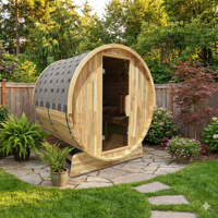 Sauna en bois massif Royal Saunas, cèdre rouge, sauna moderne en forme de baril, 4 personnes, extérieur, écologique, sans électricité, poêle à sauna, villa et parc