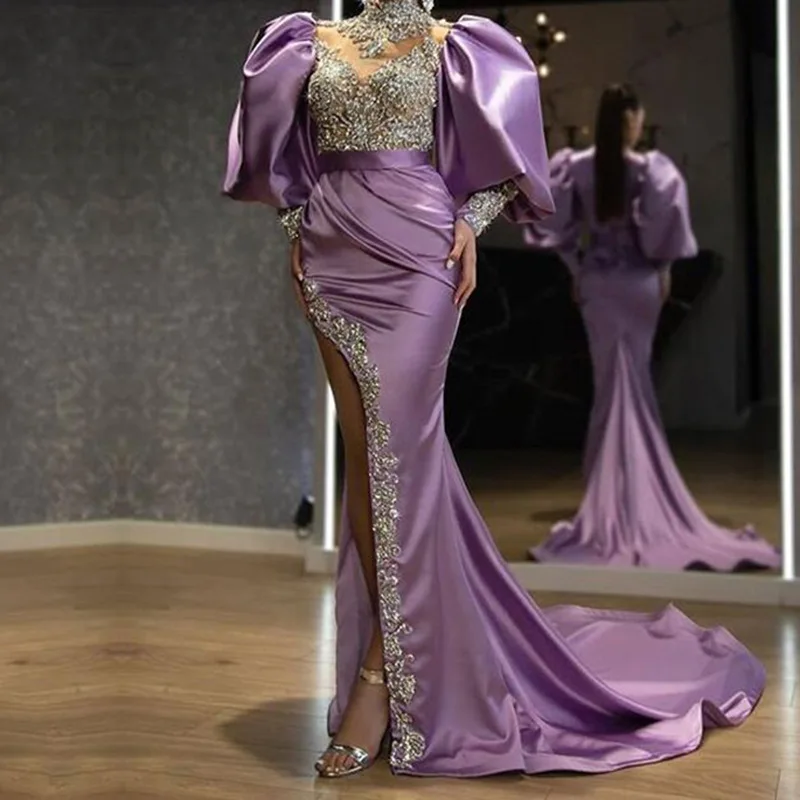 Dq990 New 2024 Products Lavender Purple Satin Dress Side Slit Prom Dresses  for Evening Party Banquet Feast Cocktail Ball| Alibaba.com