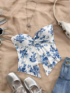 Casual Summer Women's Printed Vest Vacation Style <b>Crossed</b> Front Wrap <b>Top</b> with Strapless Off-Shoulder Blouse and Tube <b>Top</b> Design - Product Image 6