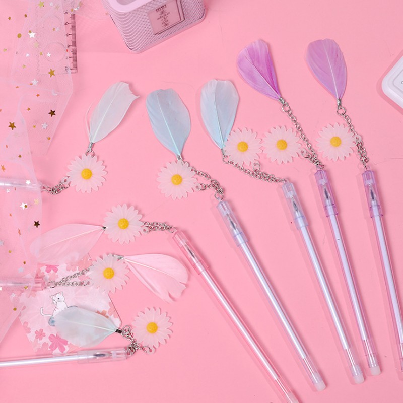 Гелевая ручка с маргариткой и пером, 0,38 мм, черные школьные материалы для письма, офисные принадлежности, канцелярские принадлежности, черные чернила «сделай сам», 4 случайных цвета