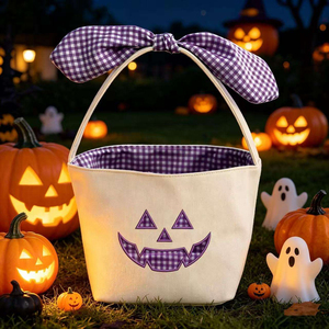 Cesta de lona a cuadros de gran venta para decoración de Halloween, con diseño de cara de calabaza divertida y para dulces - Product Image 5